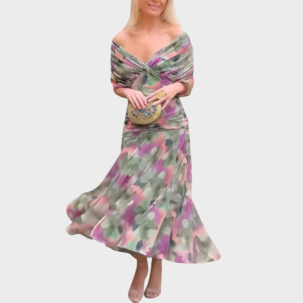 Vestido Midi de Mujer con Escote en V y Manga Larga