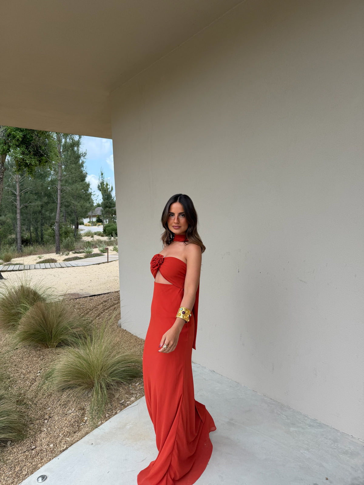 Vestido Estampado Floral con Pañuelo Mujer invitada de Boda | Terracota