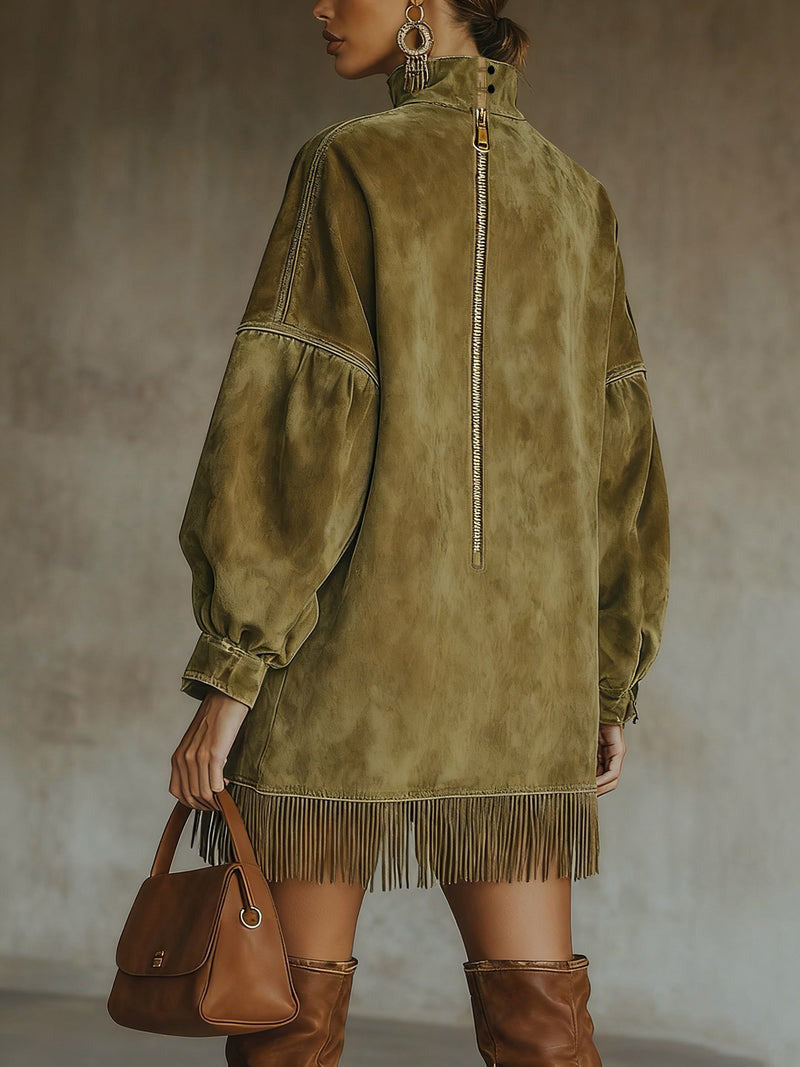 Vestido Cuello Alto Ante Sintético con Flecos Mujer | Olive