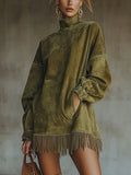 Vestido Cuello Alto Ante Sintético con Flecos Mujer | Olive