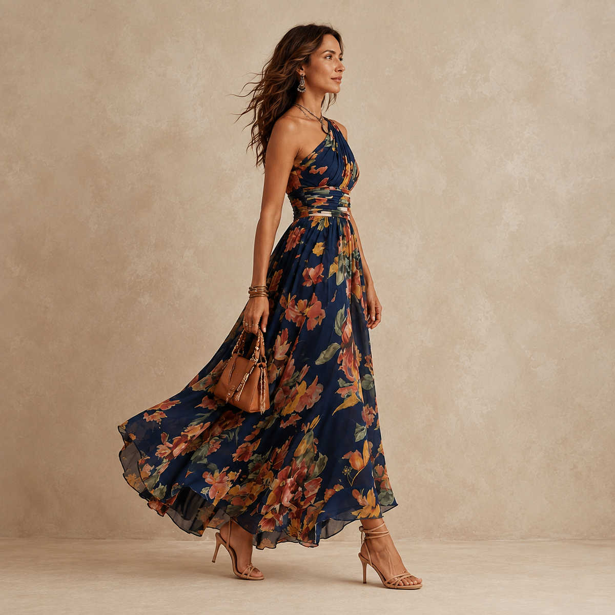 Vestido Largo Asimétrico Un Hombro Floral Mujer | Florentia