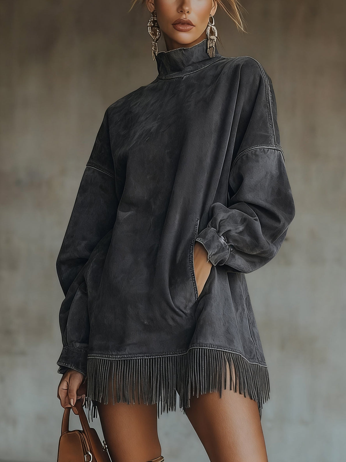 Vestido Cuello Alto Ante Sintético con Flecos Mujer | Olive