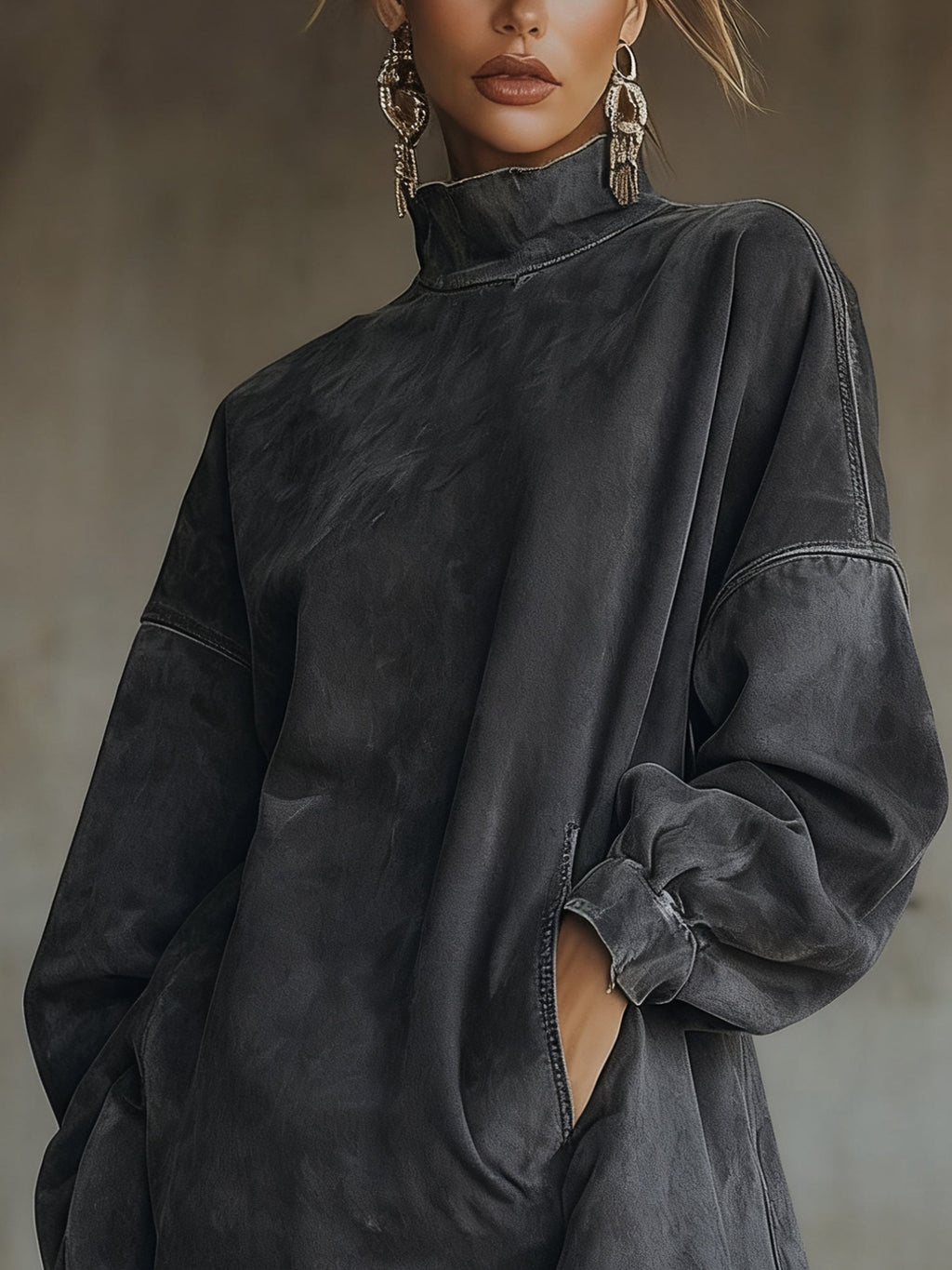 Vestido Cuello Alto Ante Sintético con Flecos Mujer | Olive