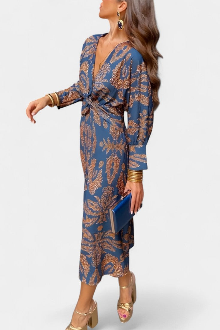 Vestido Maxi Escote V Nudo Frontal Mujer | Elara