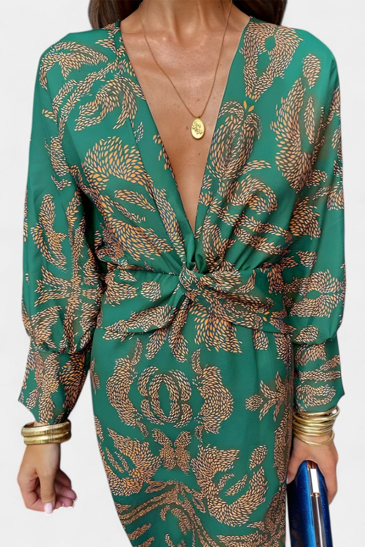 Vestido Maxi Escote V Nudo Frontal Mujer | Elara