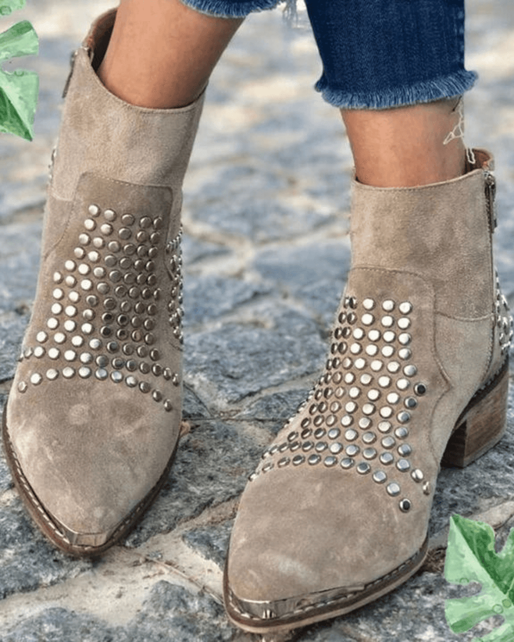 Botas Tachuelas Ante Punta Fina Tacón Grueso Mujer | Luna Cruz