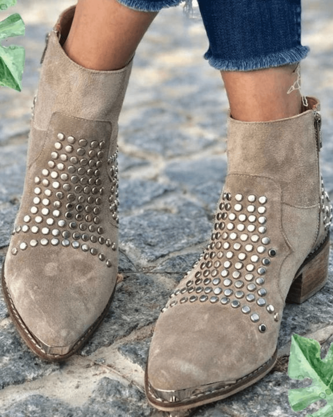 Botas Tachuelas Ante Punta Fina Tacón Grueso Mujer | Luna Cruz