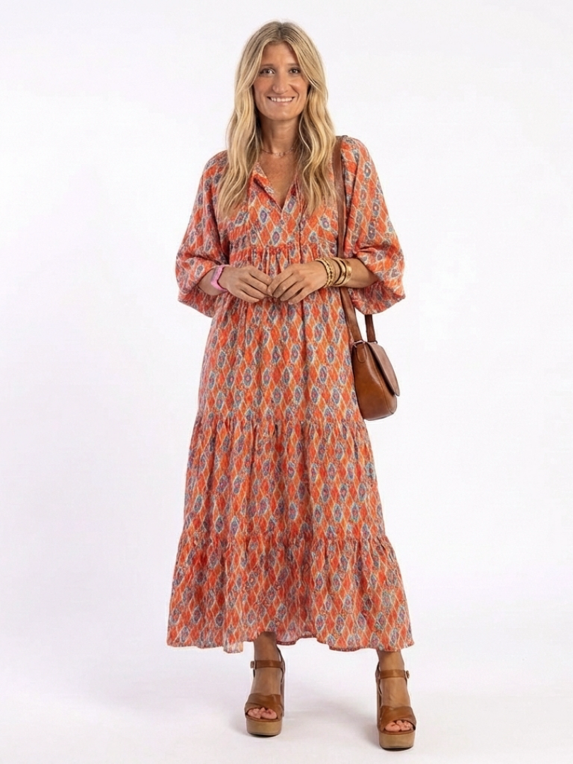 Vestido Midi Estampado Geométrico Escote V Mujer | Amara