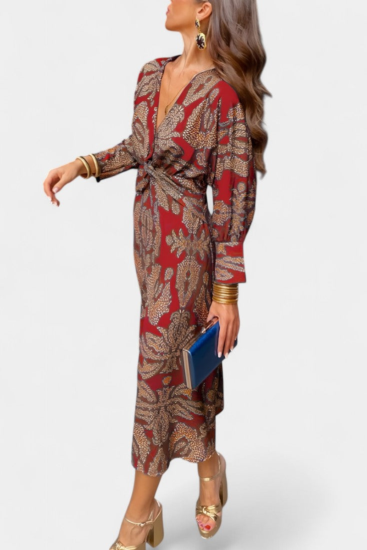 Vestido Maxi Escote V Nudo Frontal Mujer | Elara