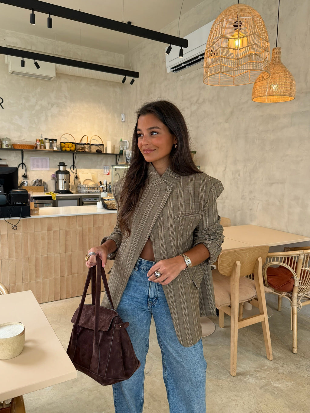 Blazer Asimétrico Cuadros Taupe Mujer | Luna Cruz