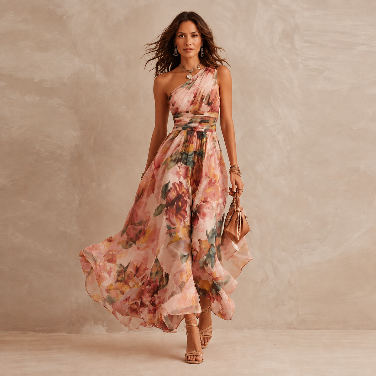 Vestido Largo Asimétrico Un Hombro Floral Mujer | Florentia