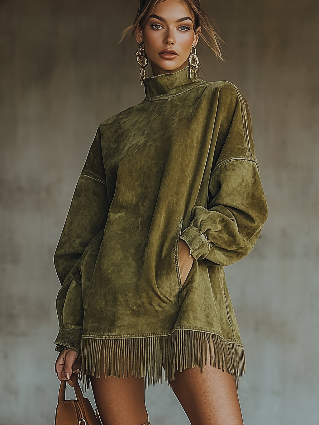 Vestido Cuello Alto Ante Sintético con Flecos Mujer | Olive