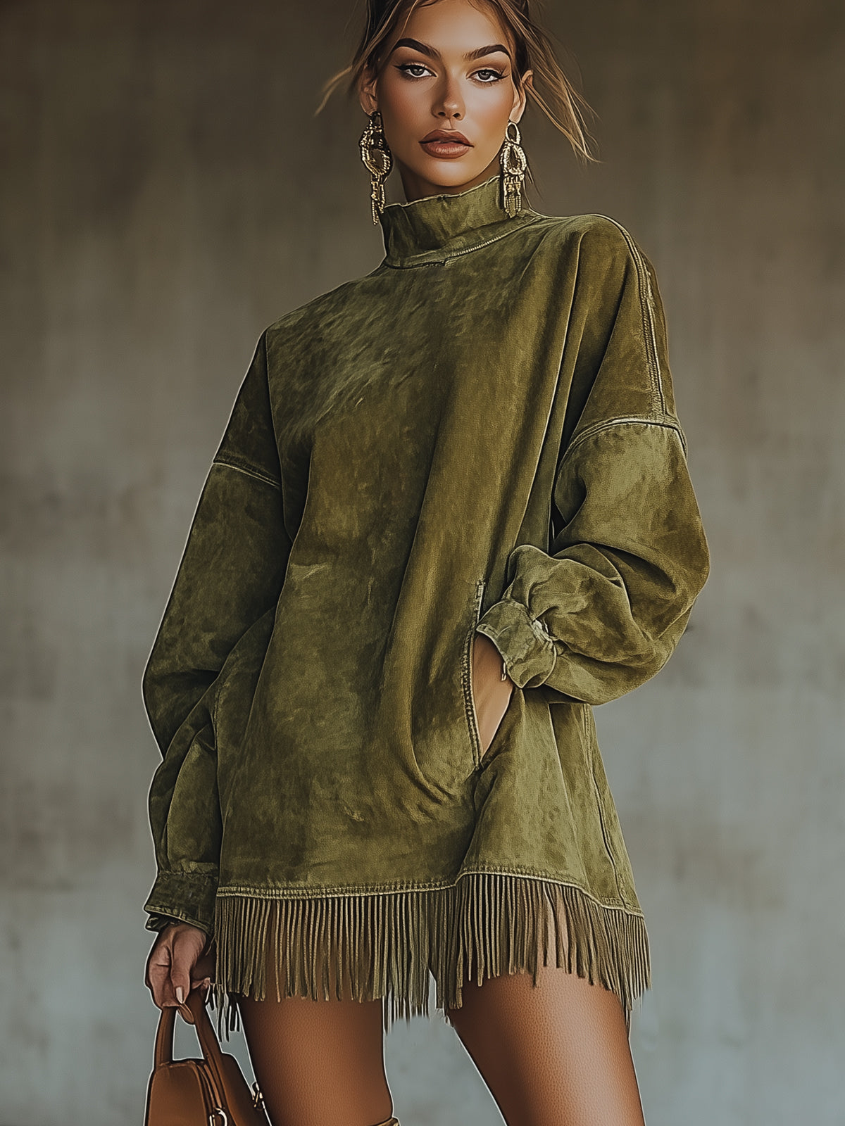 Vestido Cuello Alto Ante Sintético con Flecos Mujer | Olive