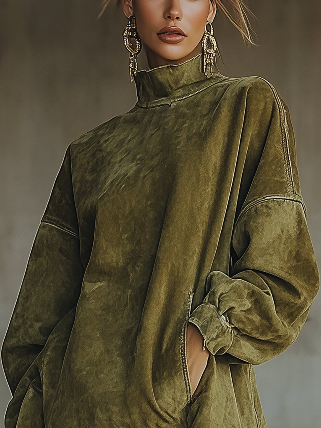 Vestido Cuello Alto Ante Sintético con Flecos Mujer | Olive