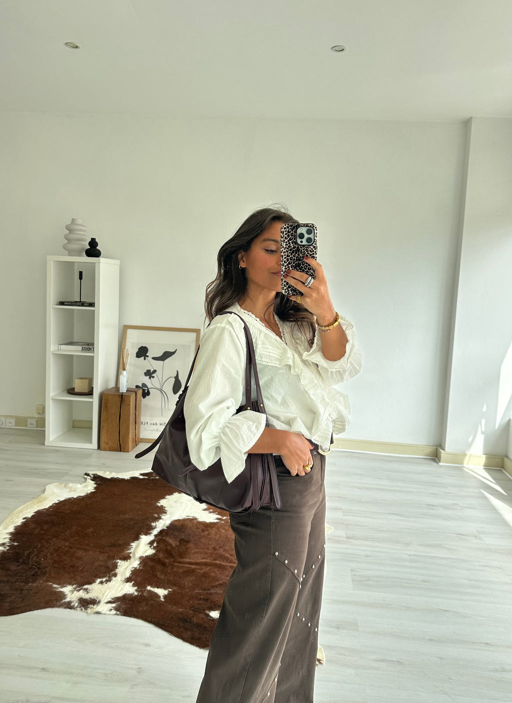 Pantalones Anchos con Tachuelas Marrón Mujer | Ana