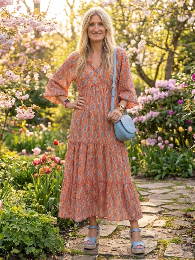 Vestido Midi Estampado Geométrico Escote V Mujer | Amara
