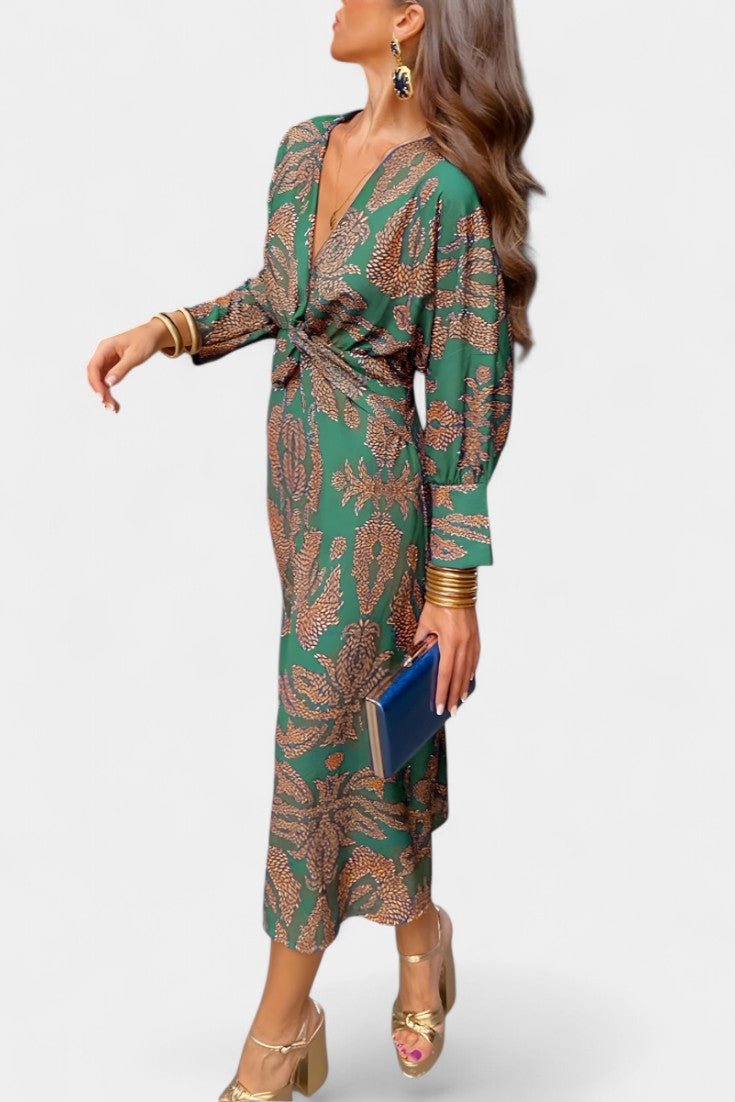 Vestido Maxi Escote V Nudo Frontal Mujer | Elara