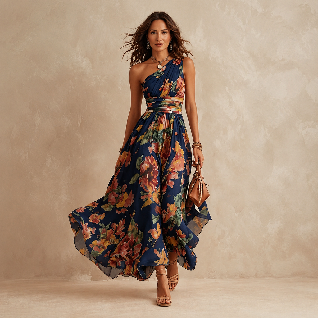 Vestido Largo Asimétrico Un Hombro Floral Mujer | Florentia
