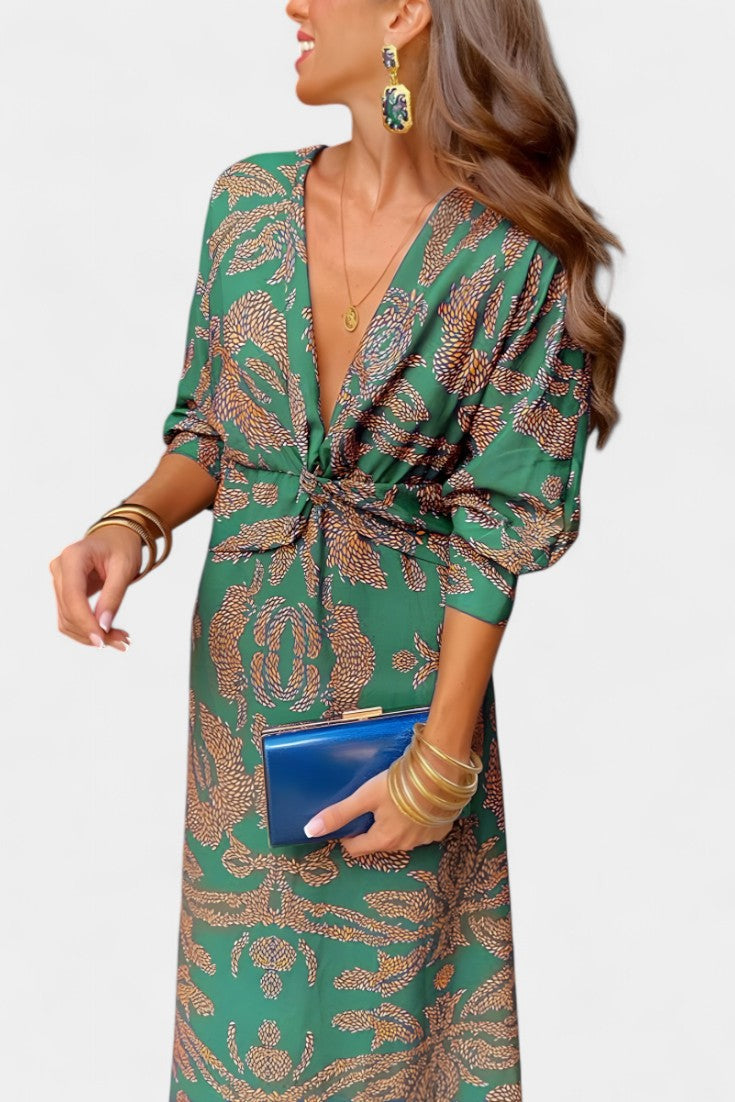 Vestido Maxi Escote V Nudo Frontal Mujer | Elara