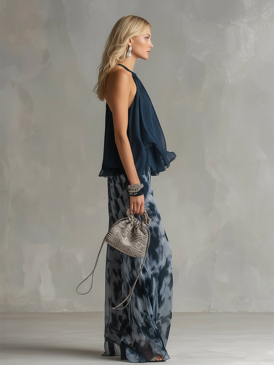 Conjunto de mujer de dos piezas de invitada de boda con top halter de volantes y pantalón ancho