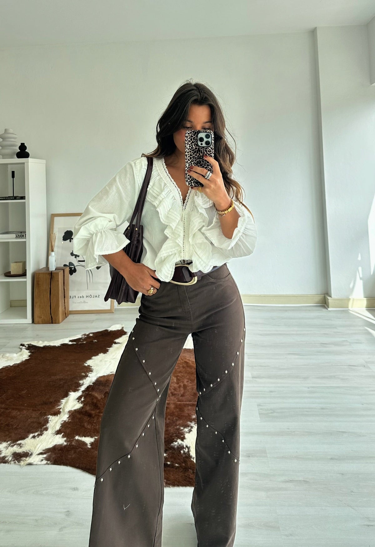 Pantalones Anchos con Tachuelas Marrón Mujer | Ana