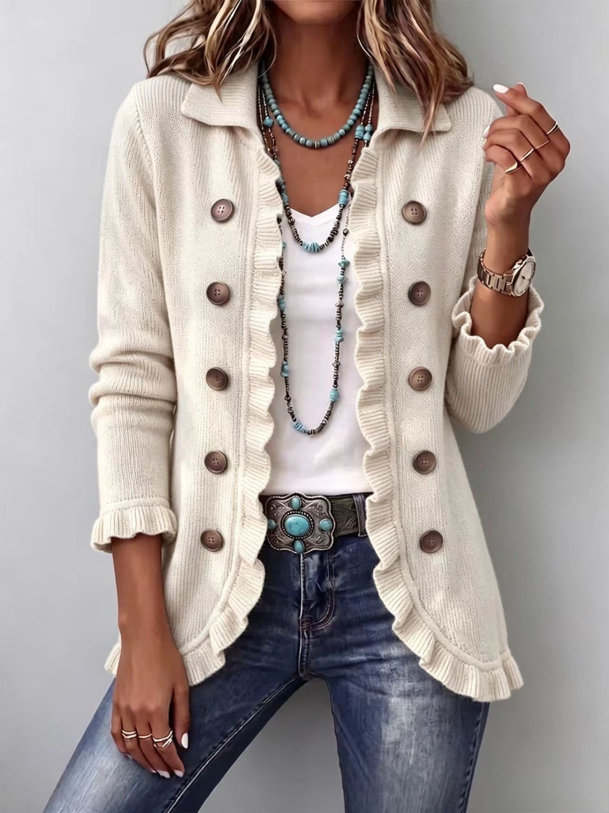 Adelina | Chaqueta de Volantes de Punto Marfil | Adelina
