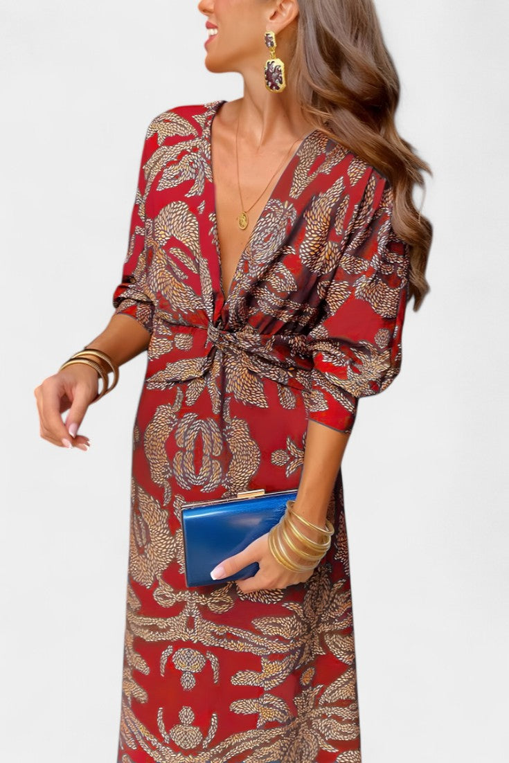 Vestido Maxi Escote V Nudo Frontal Mujer | Elara
