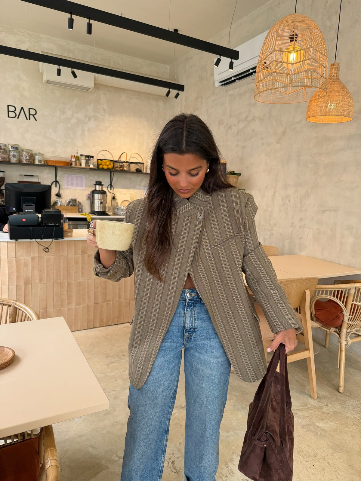 Blazer Asimétrico Cuadros Taupe Mujer | Luna Cruz