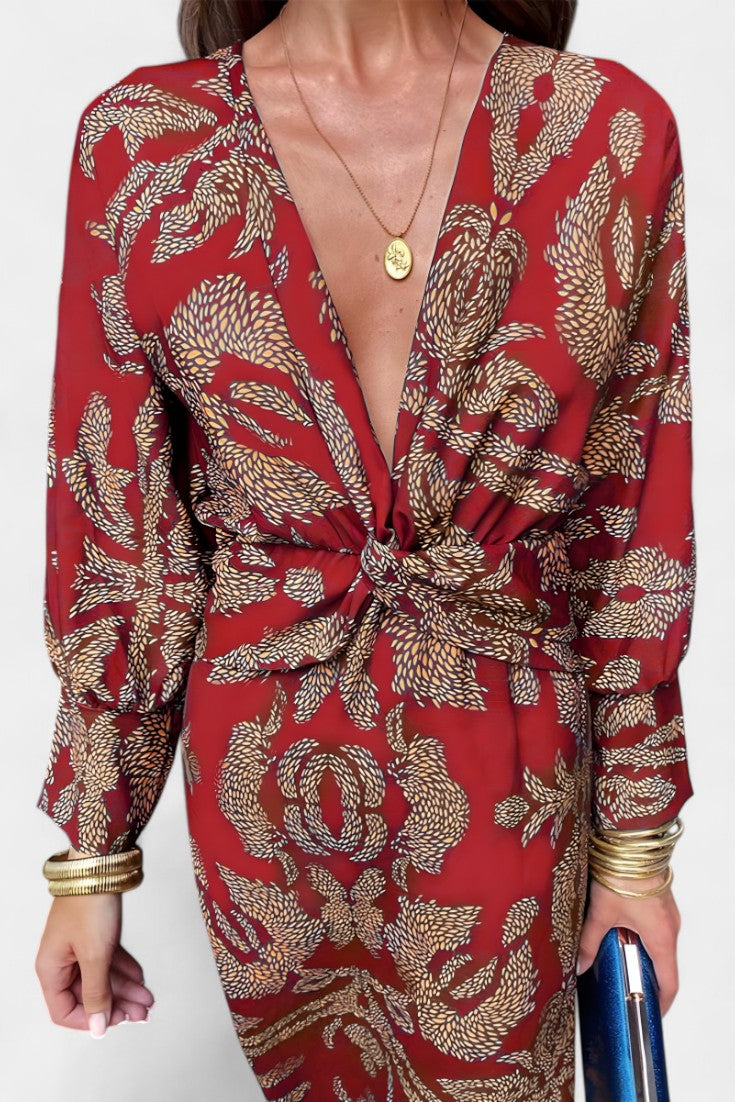 Vestido Maxi Escote V Nudo Frontal Mujer | Elara