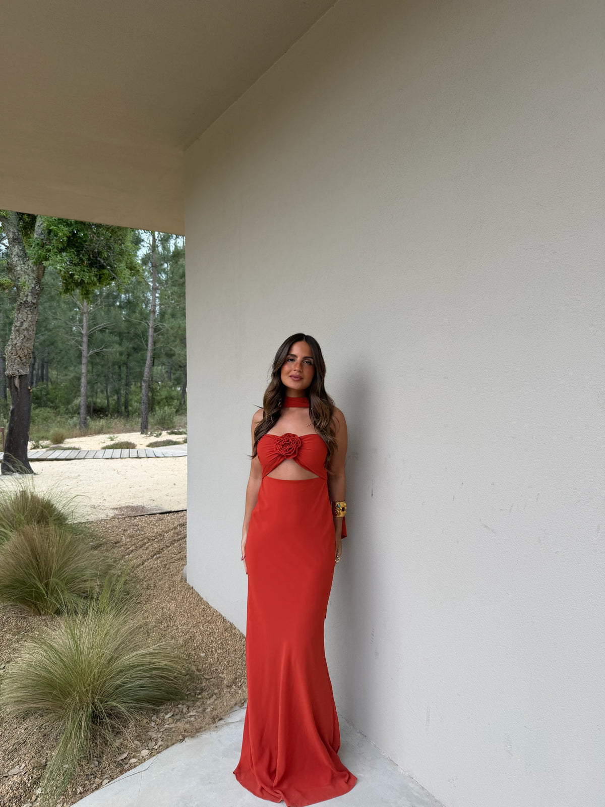 Vestido Estampado Floral con Pañuelo Mujer invitada de Boda | Terracota