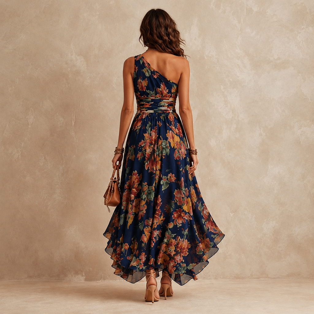 Vestido Largo Asimétrico Un Hombro Floral Mujer | Florentia
