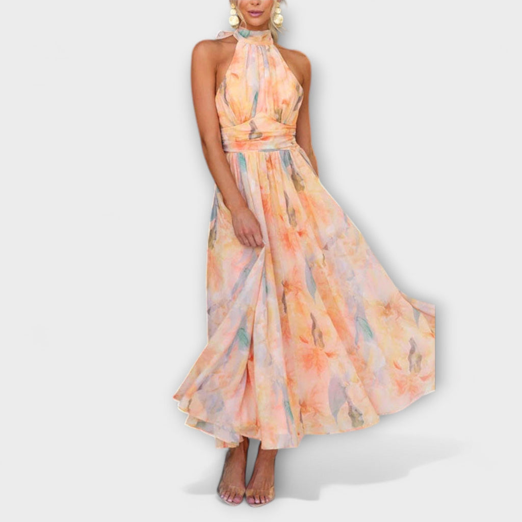 Vestido elegante de invitada de boda con estampado acuarela | Maxi