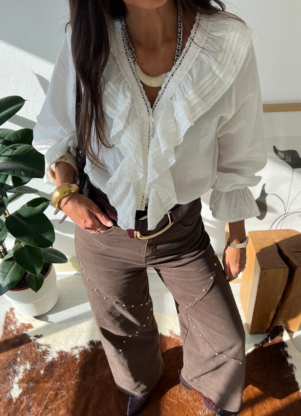 Pantalones Anchos con Tachuelas Marrón Mujer | Ana