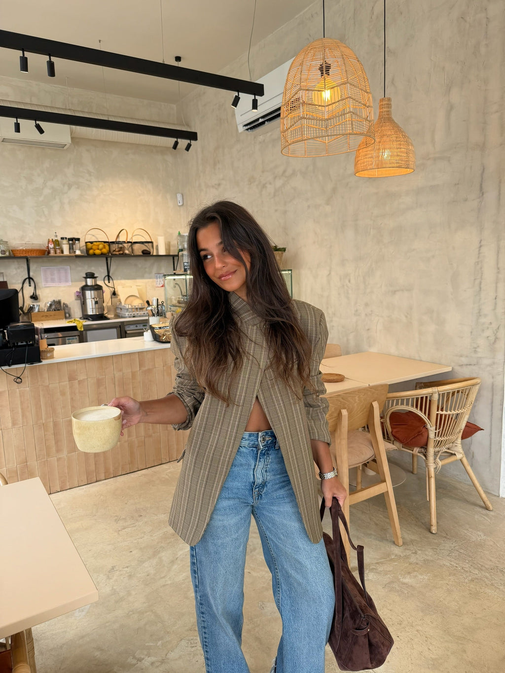 Blazer Asimétrico Cuadros Taupe Mujer | Luna Cruz
