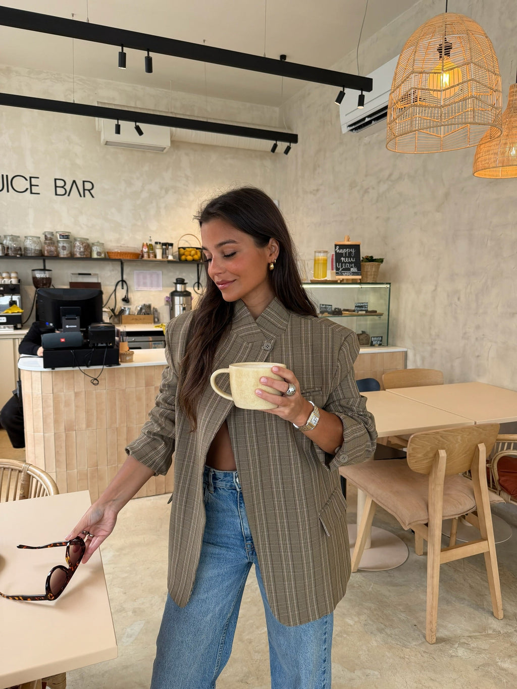 Blazer Asimétrico Cuadros Taupe Mujer | Luna Cruz
