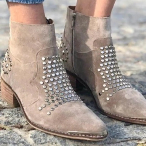 Botas Tachuelas Ante Punta Fina Tacón Grueso Mujer | Luna Cruz