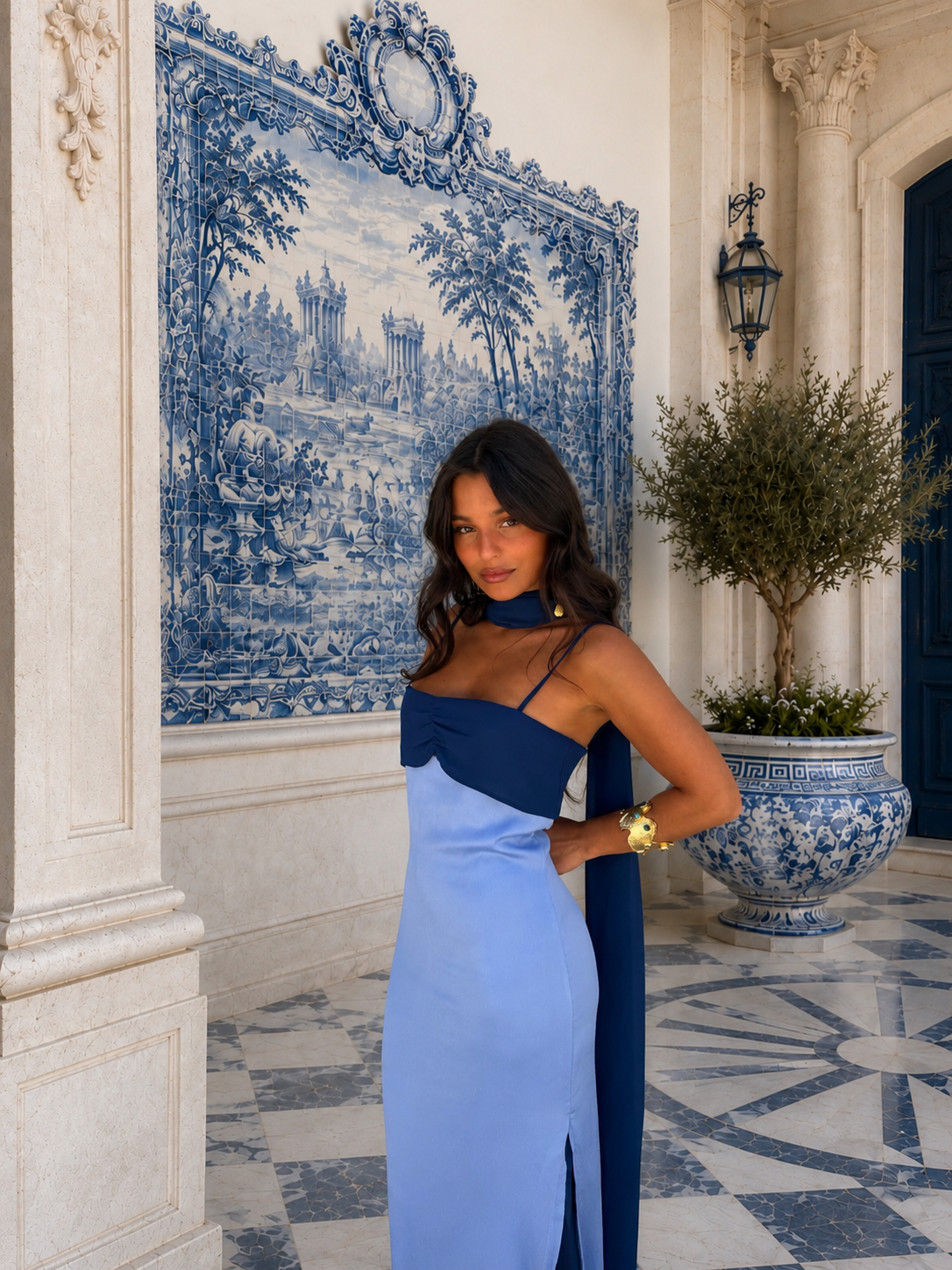Vestido Largo Bicolor con Pañuelo Azul Marino & Celeste | Azahara