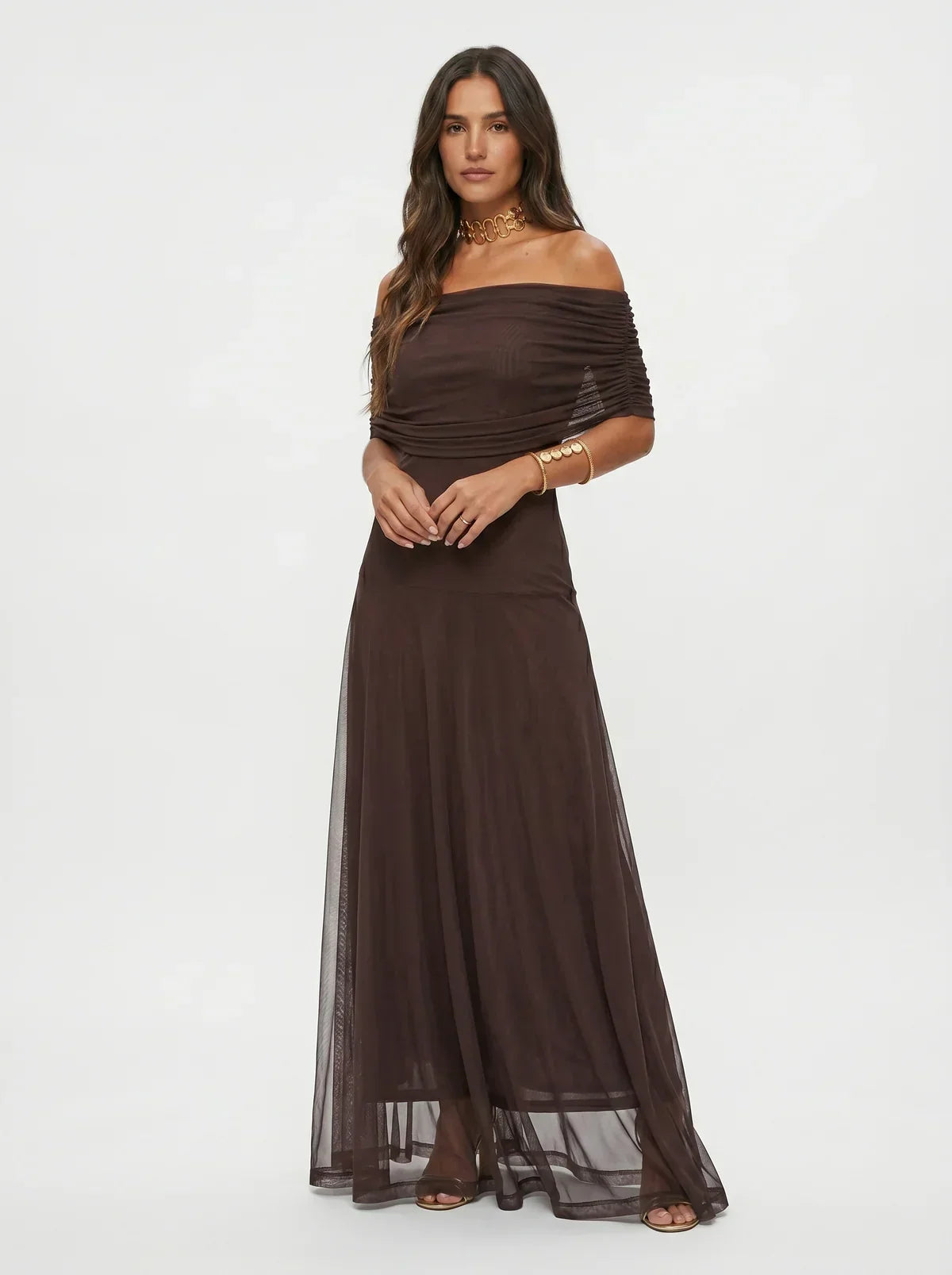 Vestido largo de invitada de boda y de ceremonia con escote drapeado al hombro | Largo