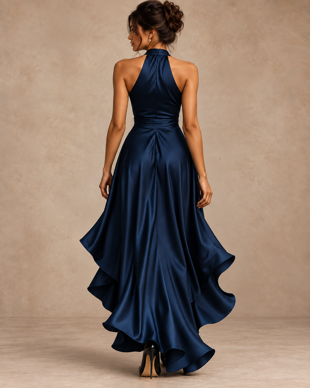 Robe Longue en Satin Col Licou à Volants Femme | Ombeline