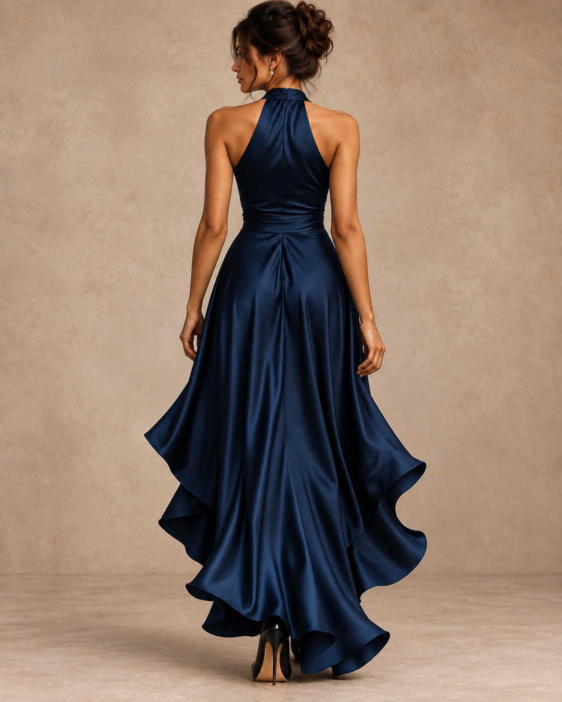 Robe Longue en Satin Col Licou à Volants Femme | Ombeline