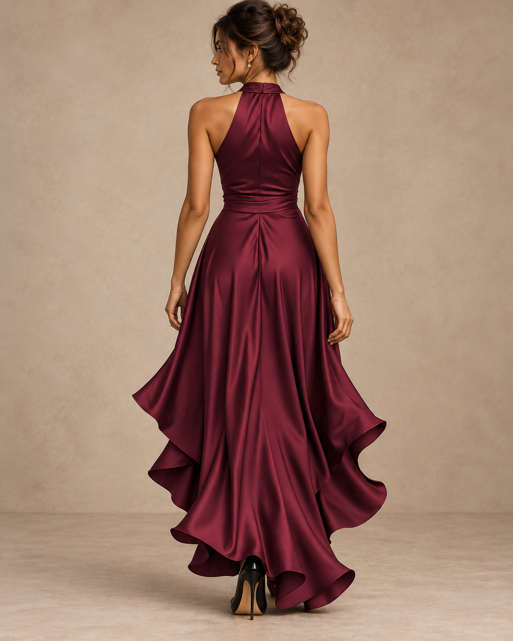Robe Longue en Satin Col Licou à Volants Femme | Ombeline