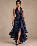 Robe Longue en Satin Col Licou à Volants Femme | Ombeline
