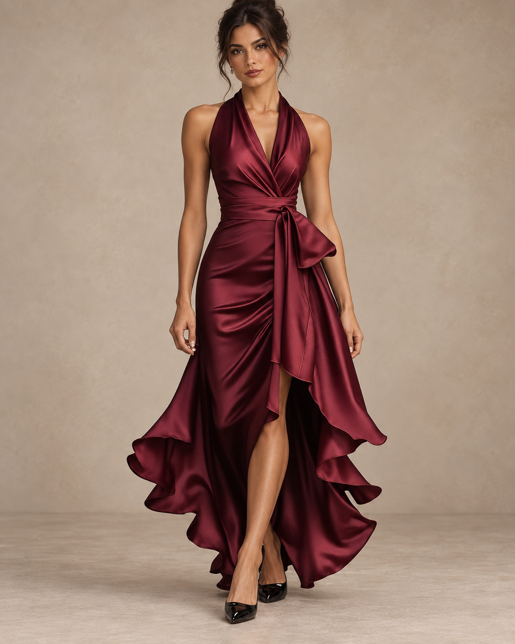 Robe Longue en Satin Col Licou à Volants Femme | Ombeline