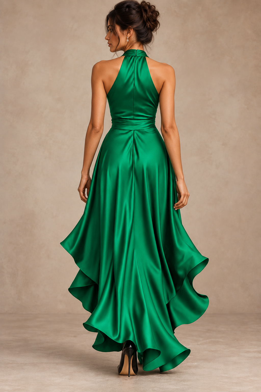 Robe Longue en Satin Col Licou à Volants Femme | Ombeline