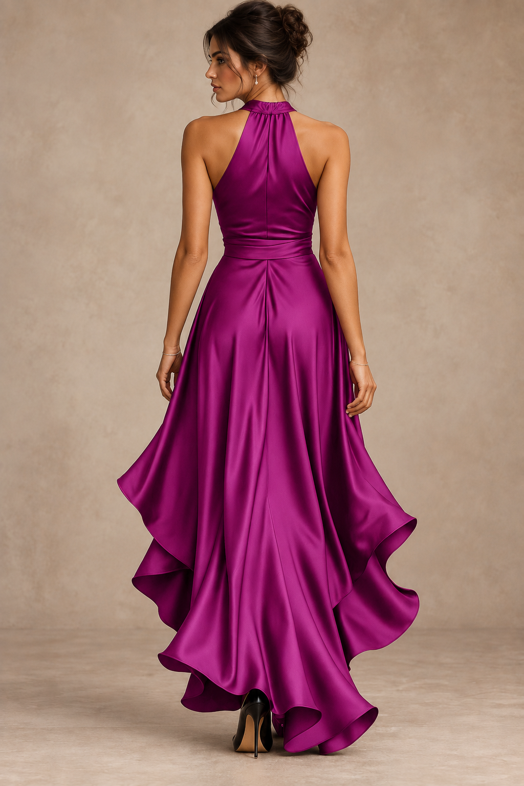 Robe Longue en Satin Col Licou à Volants Femme | Ombeline