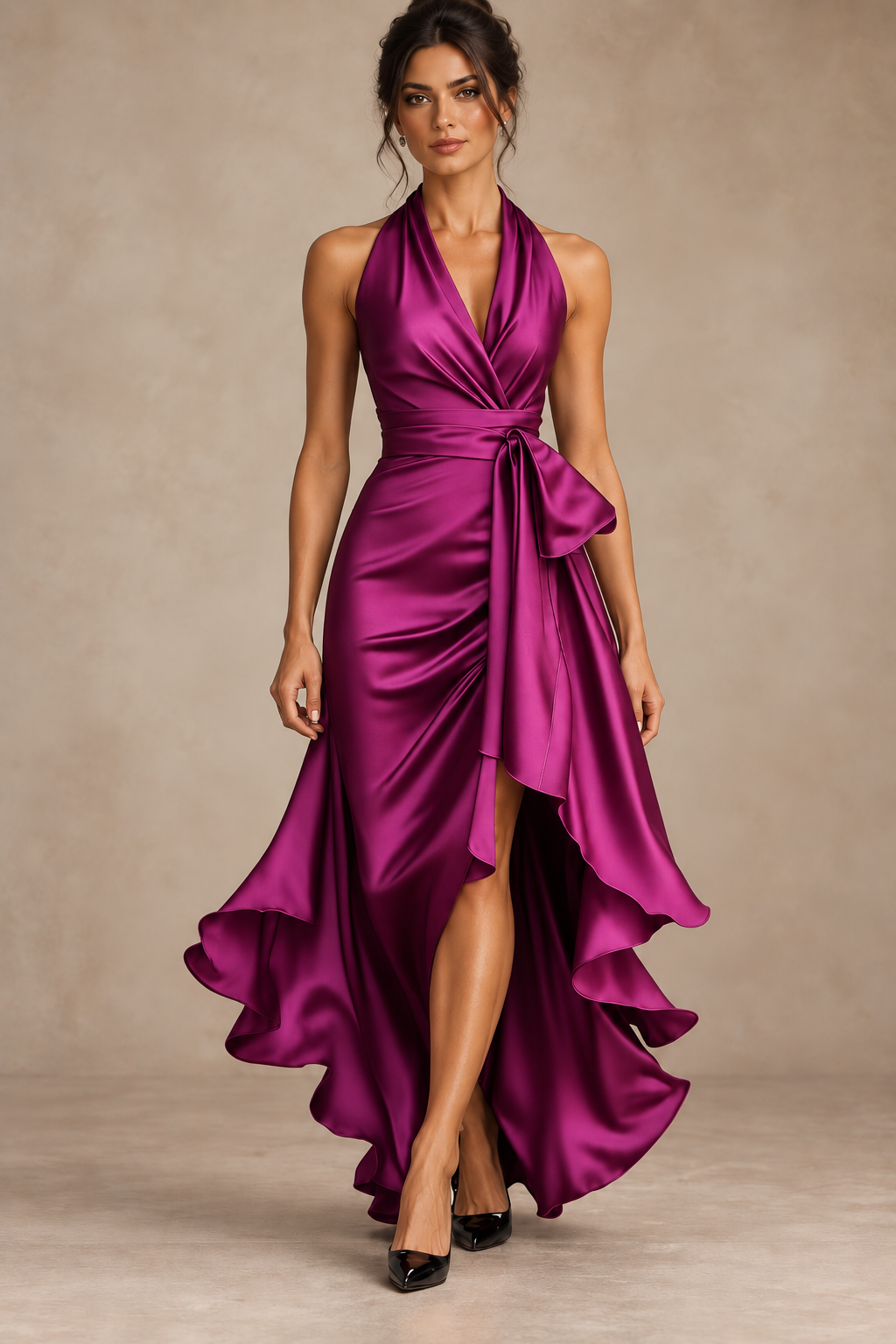 Robe Longue en Satin Col Licou à Volants Femme | Ombeline