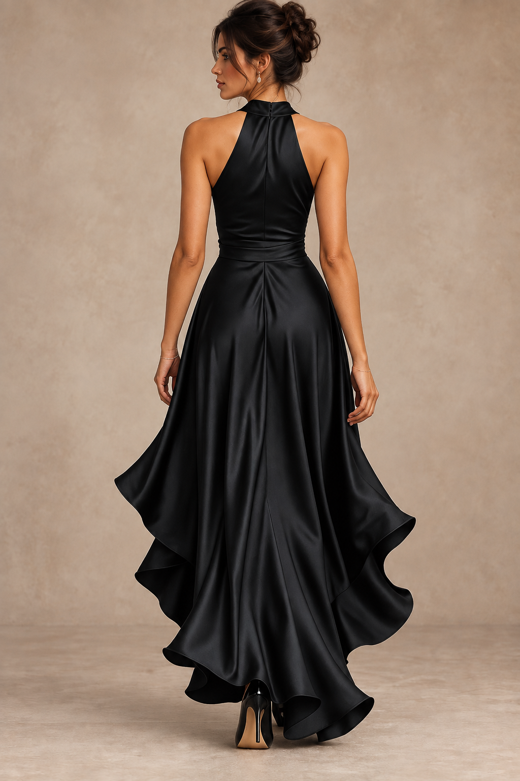 Robe Longue en Satin Col Licou à Volants Femme | Ombeline