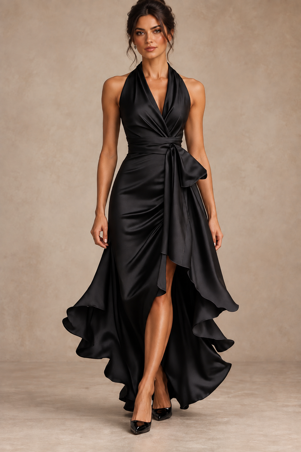 Robe Longue en Satin Col Licou à Volants Femme | Ombeline