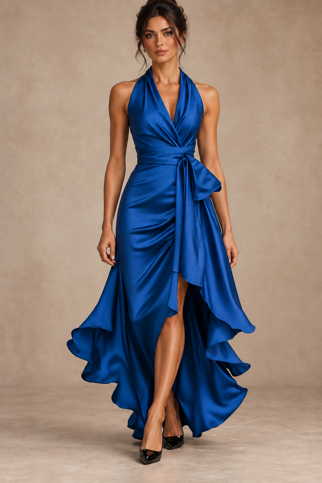 Robe Longue en Satin Col Licou à Volants Femme | Ombeline