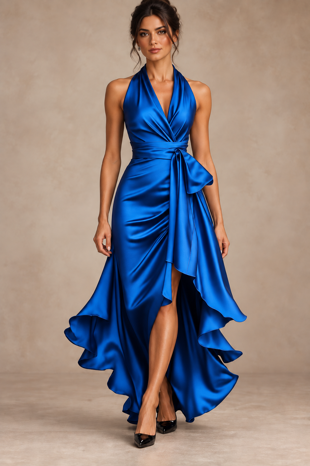 Robe Longue en Satin Col Licou à Volants Femme | Ombeline
